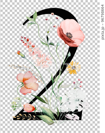 Black number 2 with watercolor wildflowers and leaves bouquet, Summer floral wedding design Black number 2 with watercolor wildflowers and leaves bouquet, Summer floral wedding design 96798664