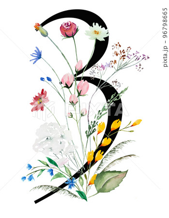 Black number 3 with watercolor wildflowers and leaves bouquet, Summer floral wedding design 96798665