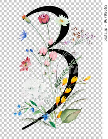 Black number 3 with watercolor wildflowers and leaves bouquet, Summer floral wedding design 96798665