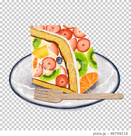 お皿に載ったフルーツケーキ　フォーク付き　ズコットケーキ　ドームケーキ　一切れ 96799218