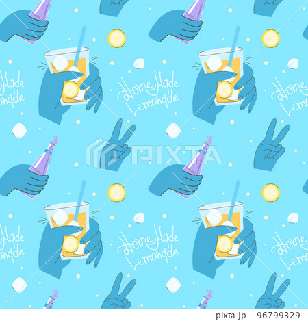 Juicy pattern in blue tones. Homemade lemonade lettering. Colorful hands with glasses and bottles of lemonade, V sign. 96799329