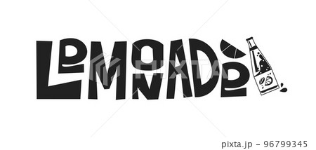 Black and white lettering Lemonade with a bottle and a slice of lemon. Print for printing on fabric and paper. Black and white lettering Lemonade with a bottle and a slice of lemon. Print for printing on fabric and paper. 96799345