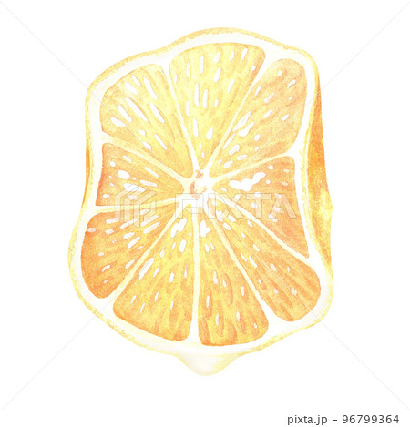 Squeezed lemon with juice flowing from it. Watercolor illustration. Isolated on a white background. For your design recipes, kitchen utensils, product packaging with citrus acid or scent Squeezed lemon with juice flowing from it. Watercolor illustration. Isolated on a white background. For your design recipes, kitchen utensils, product packaging with citrus acid or scent 96799364