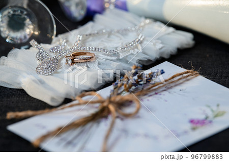 Wedding accessories. Wine glasses wedding invitation ring bride candle perfume sparkling wine 96799883