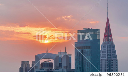 Sunset over financial center of Dubai city with luxury skyscrapers timelapse, Dubai, United Arab Emirates Sunset over financial center of Dubai city with luxury skyscrapers timelapse, Dubai, United Arab Emirates 96800281