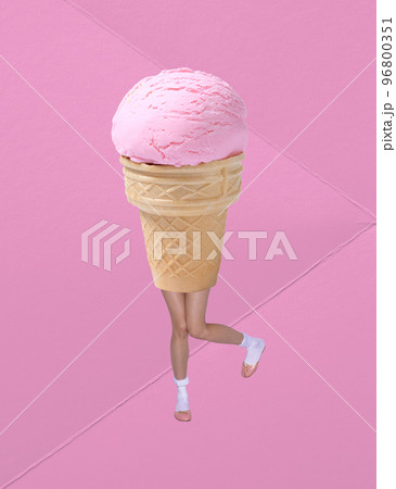 Contemporary art collage. Creative design with female legs and berry ice-cream instead body over pink background Contemporary art collage. Creative design with female legs and berry ice-cream instead body over pink background 96800351