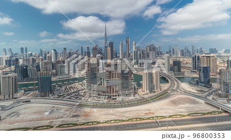 Panorama showing skyline of Dubai with business bay and downtown district timelapse. Panorama showing skyline of Dubai with business bay and downtown district timelapse. 96800353