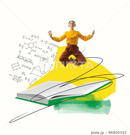 Contemporary art collage. Young woman, student in headphones, meditating with books, listening to study information 96800392