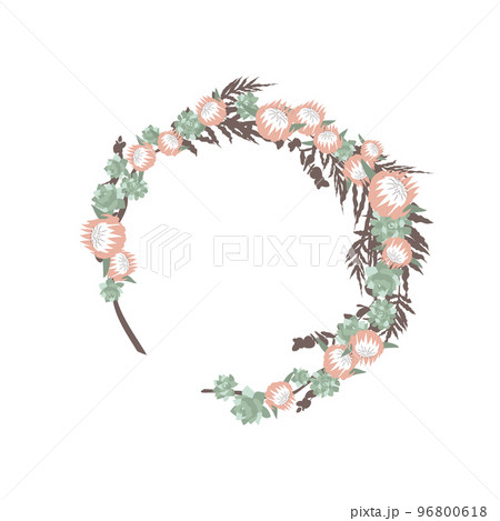 Hand drawn round wreath with protea pink flowers. Hand drawn round wreath with protea pink flowers. 96800618