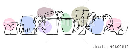 Hand drawn continuous inky line cups with abstract shapes set Hand drawn continuous inky line cups with abstract shapes set 96800619