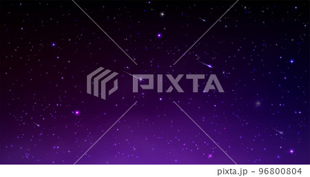 Blue night sky. Starry space. Dark cosmic field. Black starlight texture. Universe with interstellar glitter. Comets and twinkle shiny stars. Magic galaxy purple background. Vector exact illustration 96800804