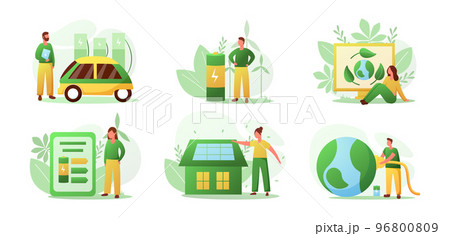 Sustainable home. Eco friendly car. Green planet. Electric battery charging. Ecology conservation technologies concepts set. House environment. Renewable energy. Vector illustration recent infographic 96800809