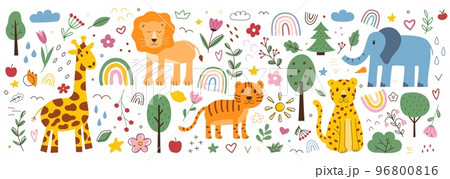 Children doodle pattern. Animals and flower plants. Childish tiger. Geometric tree nursery drawing. Lion and leopard. Scandinavian cute elements set. Rainbow and giraffe. Vector colorful utter design 96800816