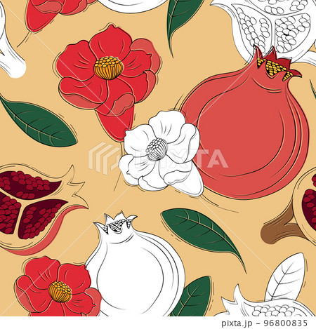 Pomegranate pattern, botanical fruit sketch. Abstract flat design for woman skirt and t-shirts, summer nature leaf. Decor textile, wrapping paper, wallpaper design. Vector seamless current texture 96800835