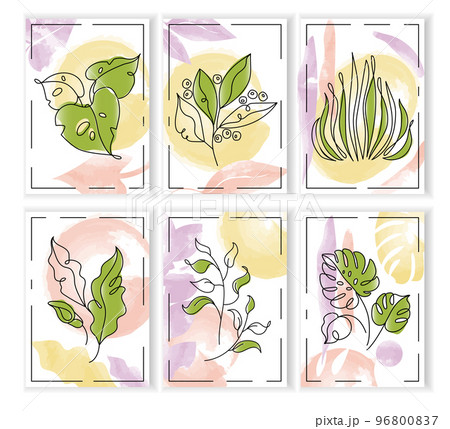 Abstract nature leaf, plant line art. Organic autumn lines, minimalist summer boho prints collection, modern floral shapes. Colorful botanical posters and cards. Vector graphic current illustration 96800837