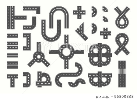 Street road creation elements. Highway top view. Circle and curve roadway isolated parts. Automobile traffic. Track asphalt junction. Crossroad line. Straight car way. Vector background current set 96800838