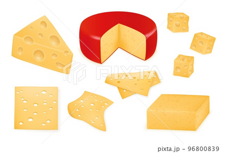 3d cheese slice, cheddar food. Farm mozzarella and brie, hard camembert, gourmet gouda. Different cutting, whole half and square pieces. Fresh healthy milk products. Vector realistic neoteric set 96800839