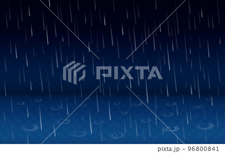 Heavy 3D rain. Rainfall ripple. Light spring rainy weather. Blurred season hailstorm. Autumn shower. Falling water drops. Raindrop circle splashes in puddle. Vector realistic neoteric wet background 96800841