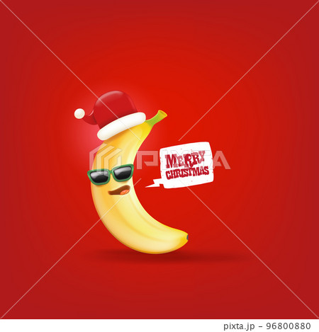 Merry Christmas greeting card and banner with funny cartoon banana character wearing santa red hat isolated on red background. Funny and cute Christmas card with smiling Banana monster Merry Christmas greeting card and banner with funny cartoon banana character wearing santa red hat isolated on red background. Funny and cute Christmas card with smiling Banana monster 96800880