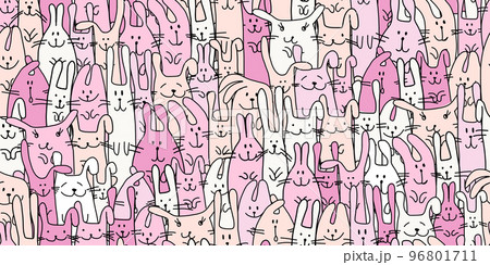 Funny Bunnies family. Seamless pattern background with Rabbits. Symbol of 2023 chineese new year. Cute characters, childish style. Vector illustration 96801711