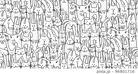 Funny Bunnies family. Seamless pattern background with Rabbits. Symbol of 2023 chineese new year. Cute characters, childish style. Colouring art. Vector illustration 96801716