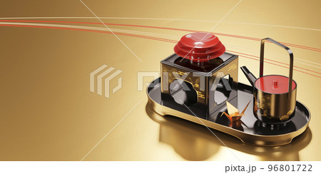 金色の背景に置かれた屠蘇器セット / 伝統的な日本のお正月のイメージ 96801722