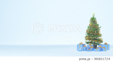 雪原に置かれたクリスマスツリーとたくさんのクリスマスプレゼント / クリスマス用背景素材 96801724