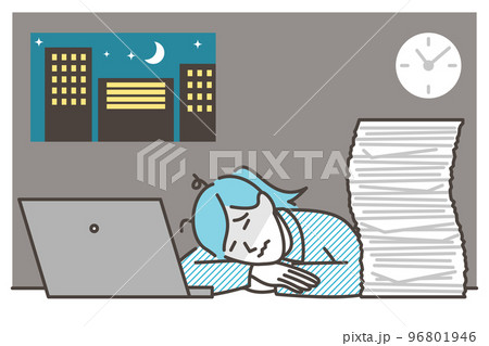 深夜残業でオフィスの机に突っ伏す若い女性会社員【人物ベクターイラスト素材】 96801946