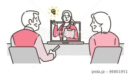 オンライン相談をする笑顔のシニア夫婦と女性ビジネスパーソン【ベクターイラスト素材】 96801951