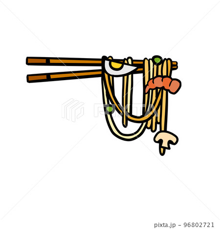 Ramen noodles and wooden sticks. Chopsticks with long pasta. Asian Japanese and Chinese food. Shrimp, egg and shiitake mushroom topping Ramen noodles and wooden sticks. Chopsticks with long pasta. Asian Japanese and Chinese food. Shrimp, egg and shiitake mushroom topping 96802721