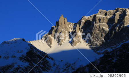 Winter sunset scene in Elm, Swiss Alps. Winter sunset scene in Elm, Swiss Alps. 96802906