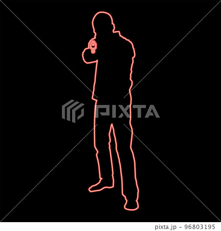 Neon man with gun silhouette criminal person concept front view icon red color vector illustration image flat style Neon man with gun silhouette criminal person concept front view icon red color vector illustration image flat style 96803195