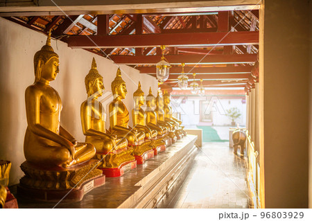 Old Beautiful Golden Buddha Many statues at Wat Phra Si Rattana Mahathat also colloquially referred to as Wat Yai is a Buddhist temple It is a major tourist is Public places in Phitsanulok,Thailand. 96803929