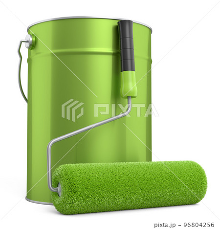 Open metal can with paint roller for painting walls on white background. Open metal can with paint roller for painting walls on white background. 96804256