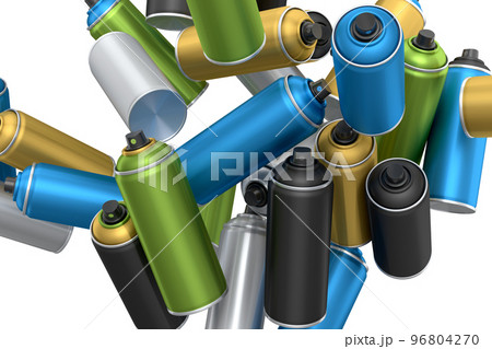 Lots of flying spray paint cans on white background. Spray bottle and dispenser 96804270