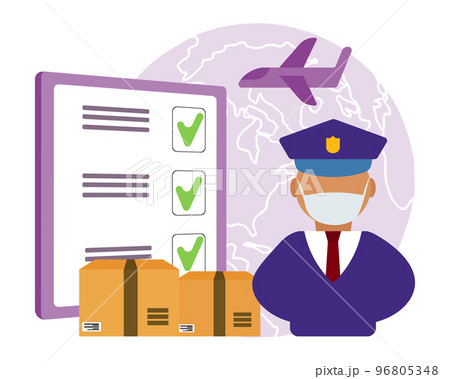 Illustration Customs control, customs officer at the counter, boxes, document on the abstract background of the planet and the plane. Vector 96805348