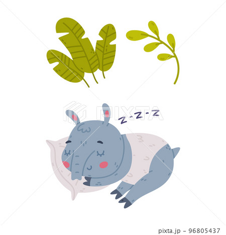 Cute Grey Tapir Animal with Proboscis Sleeping on Pillow and Green Foliage Vector Set 96805437
