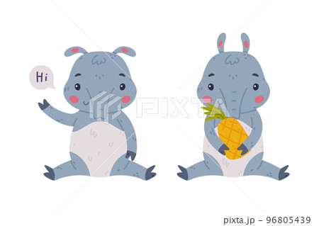 Cute Grey Tapir Animal with Proboscis Sitting with Pineapple and Greeting Vector Set 96805439
