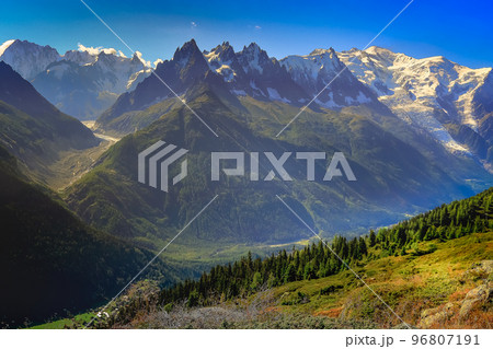 Mont Blanc massif idyllic alpine landscape countryside, Chamonix, French Alps Mont Blanc massif idyllic alpine landscape countryside, Chamonix, French Alps 96807191
