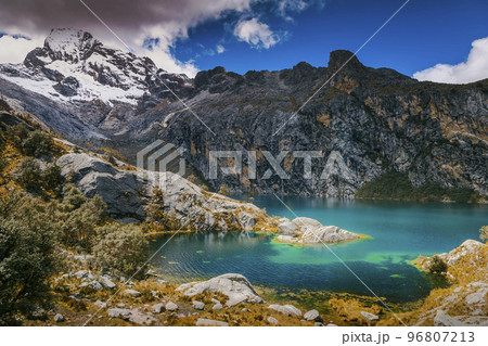 Turquoise Churup lake in Cordillera Blanca, snowcapped Andes, Ancash, Peru 96807213