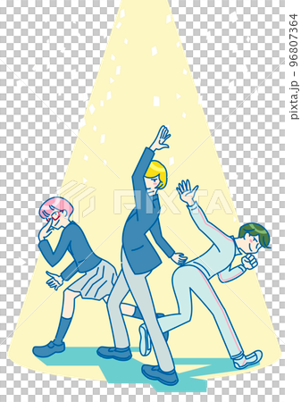希望に向かって動き出そうとしている三人の人物 96807364