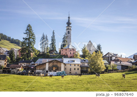 Idyllic landscape of Ftan village, Engadine, Swiss Alps, Switzerland Idyllic landscape of Ftan village, Engadine, Swiss Alps, Switzerland 96807640