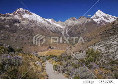 Trekking path, mountain pass in Huascaran, Cordillera Blanca, Ancash, Peru 96807651