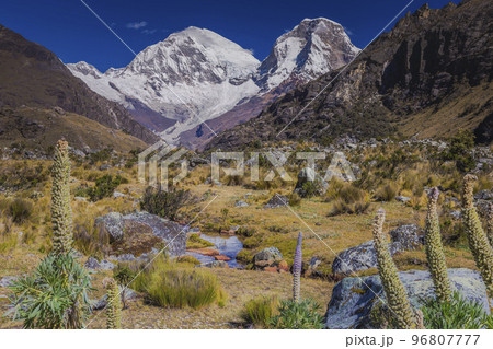 River and Huascaran massif in Cordillera Blanca, snowcapped Andes, Ancash, Peru River and Huascaran massif in Cordillera Blanca, snowcapped Andes, Ancash, Peru 96807777