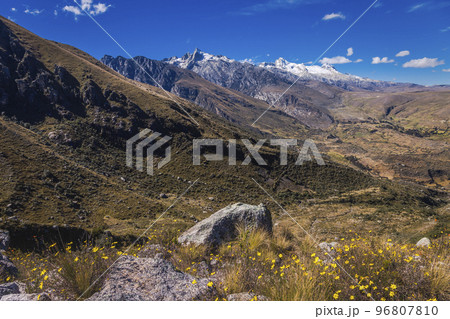 Trekking path, mountain pass in Huascaran, Cordillera Blanca, Ancash, Peru Trekking path, mountain pass in Huascaran, Cordillera Blanca, Ancash, Peru 96807810