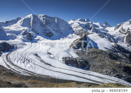 Bernina and Palu mountain range with glaciers in the Alps, Engadine, Switzerland Bernina and Palu mountain range with glaciers in the Alps, Engadine, Switzerland 96808594