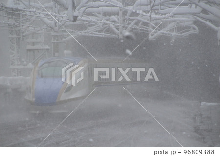 吹雪く新潟県内を行く上越新幹線E7系 96809388
