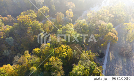 Aerial flying over trees with yellow leaves, meadow, dirt road with morning mist an autumn sunny morning in park. Bright sunlight, shining sunbeams rays, sun overexposure. Beautiful natural background 96810086