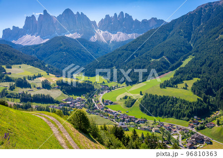 Idyllic Val di Funes neat St. Magdalena, Dolomites alps in Northern Italy 96810363