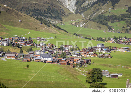 Idyllic landscape of village in Graubunden Canton, Swiss Alps, Switzerland 96810554